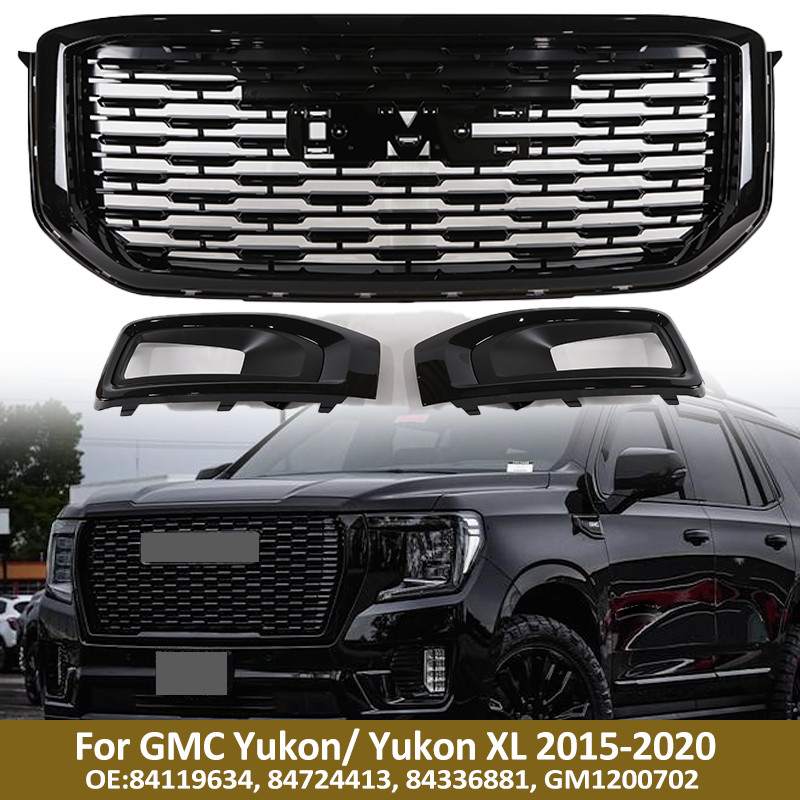 Front Grille+Fog Light Cover Cap For GMC Yukon / Yukon XL 2015-2020 Gloss Black