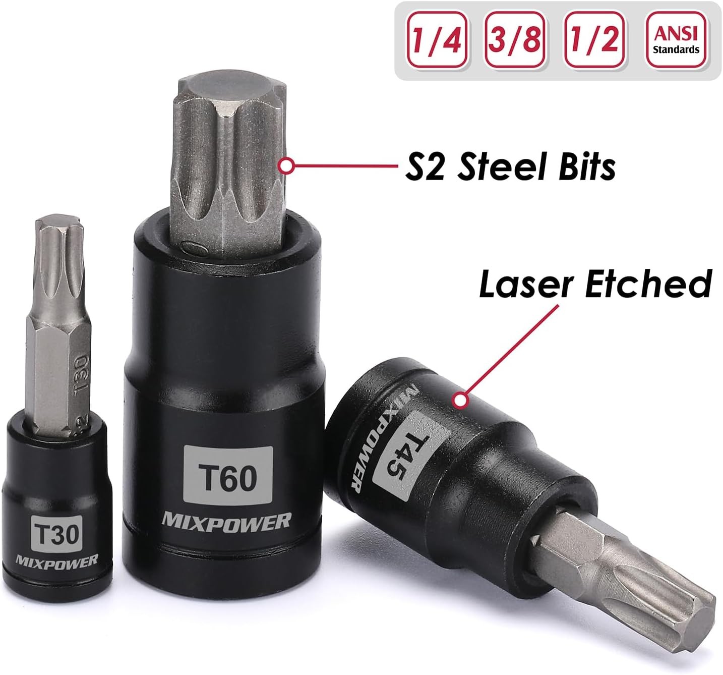 MIXPOWER 25 Piece Torx Bit and Socket Set, 13 Star Bits T8-T60,E4-E22(25PCS)