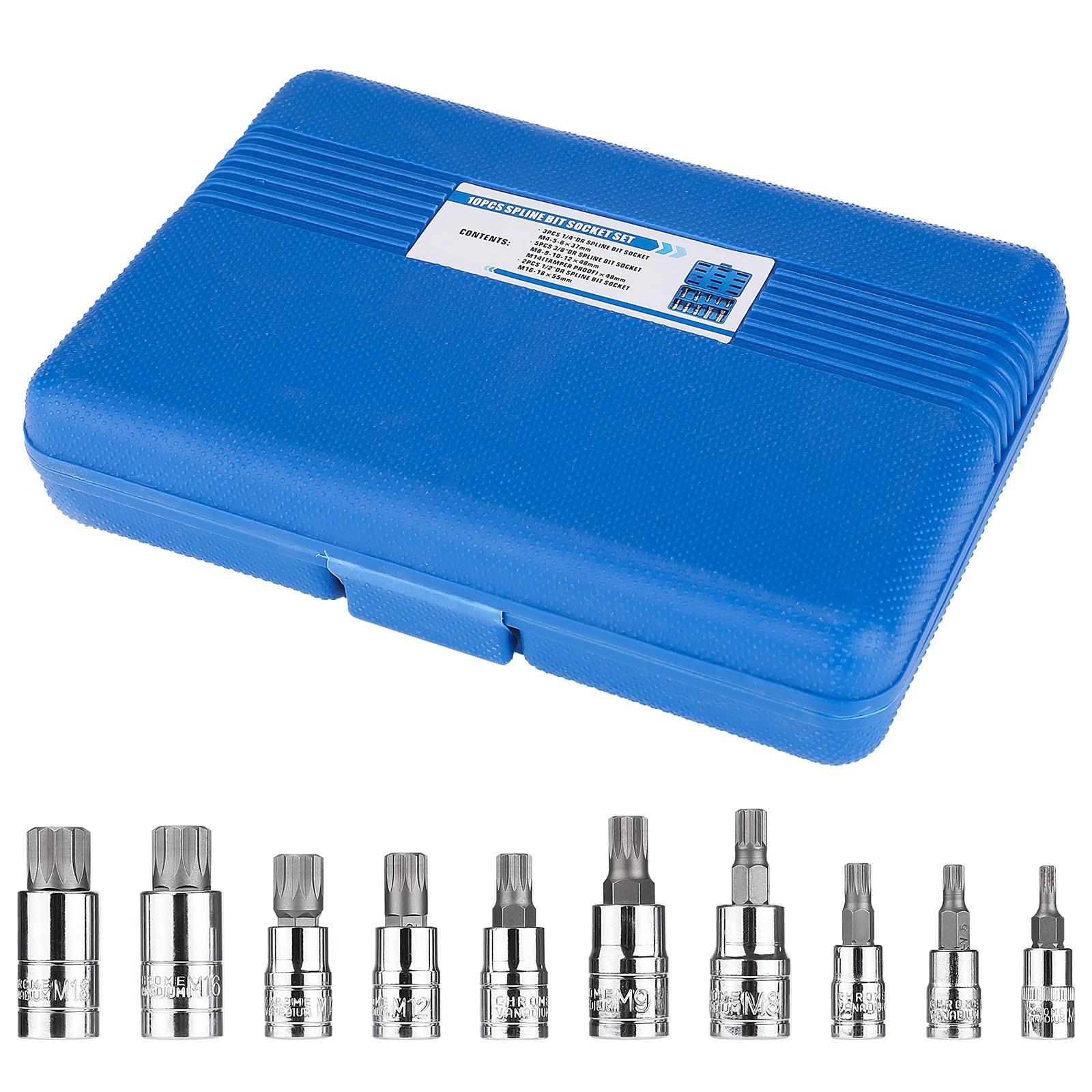10pc XZN Triple Square Spline Bit Socket Set 12 Point Tamper Proof MM w/Case
