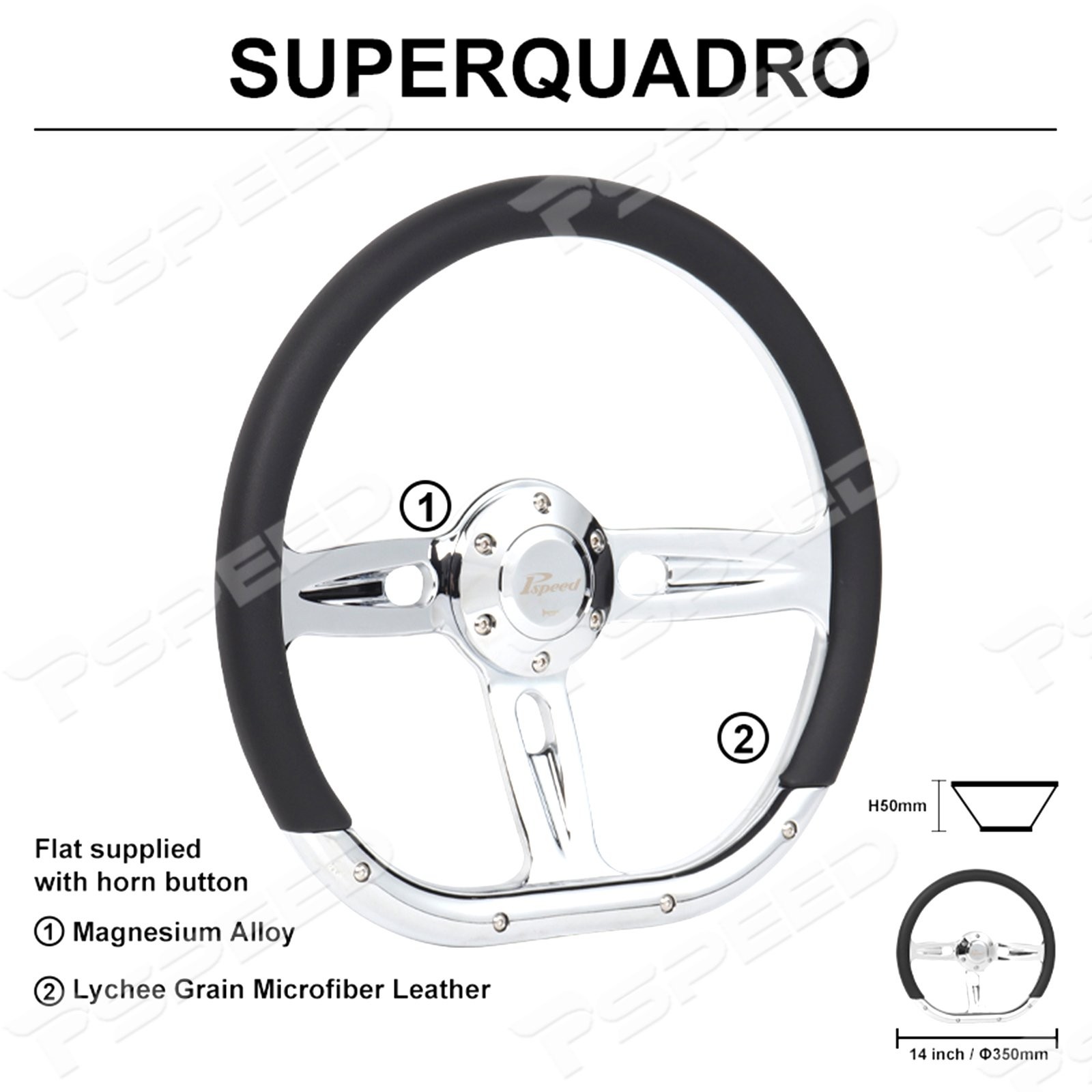 D-Shape 14″ 6-Bolt Car Truck Steering Wheel Microfiber Leather Wrap Chrome Spoke
