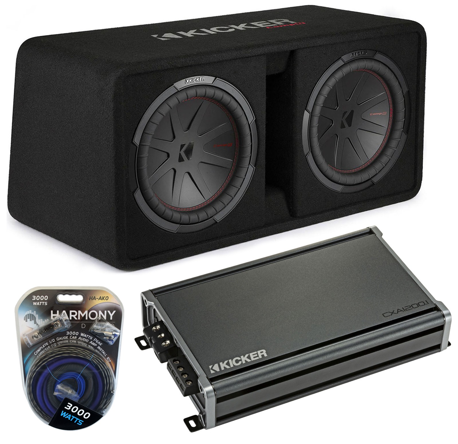 Kicker 48DCWR122 12″ 2000W Vented Dual Sub Box 46CXA12001 Amp & 0GA Kit