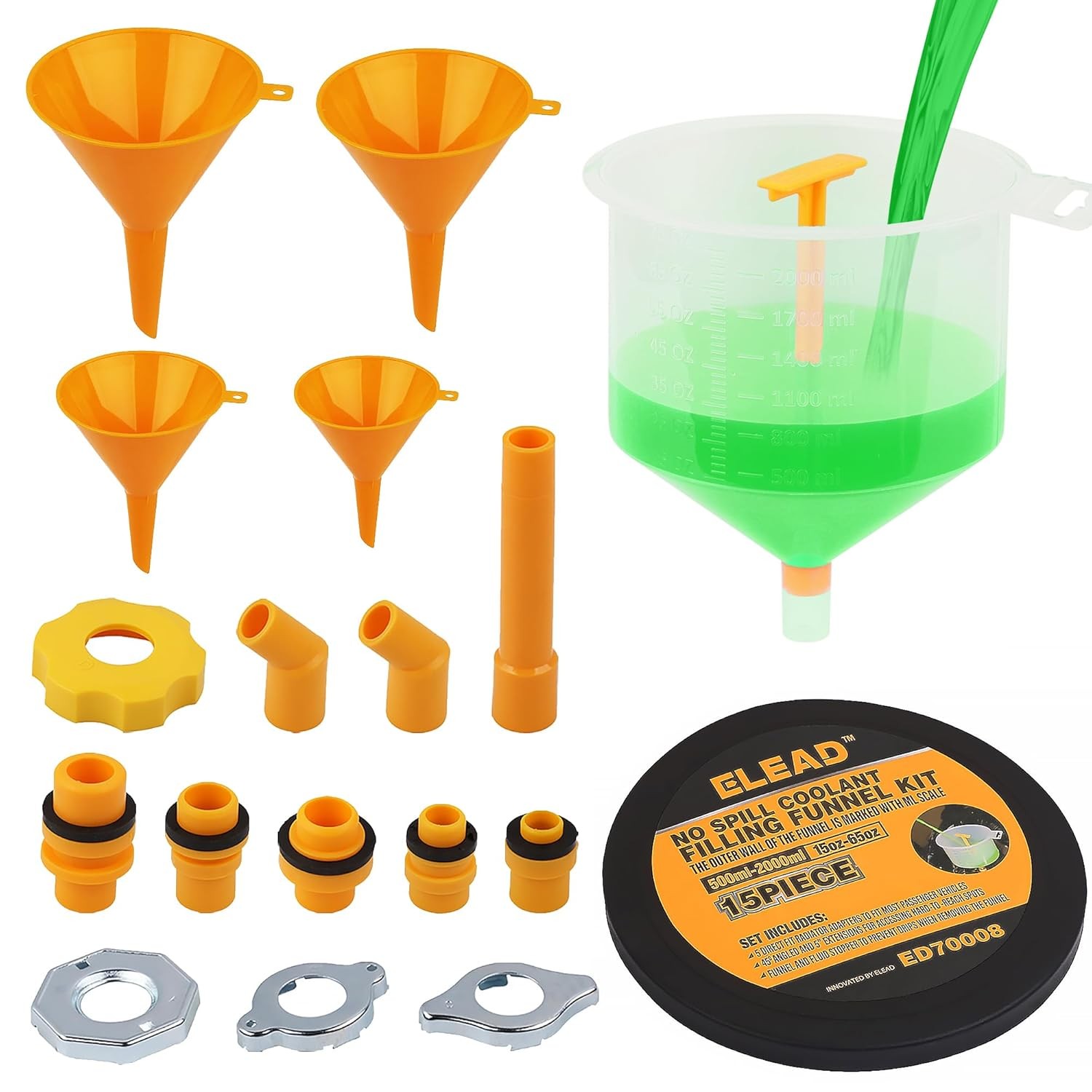 ELEAD 19 PCS No-Spill Coolant Funnel Kit Radiator yellow and transparent