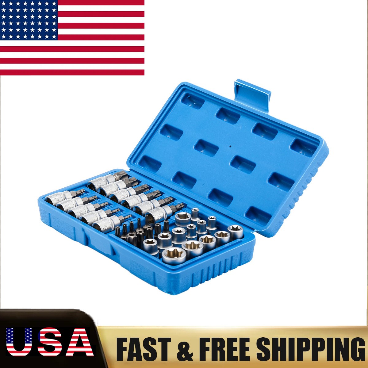 34Pcs Torx Star Socket & Bit Set Male Female E & T Sockets Torx Bits Kit + Case