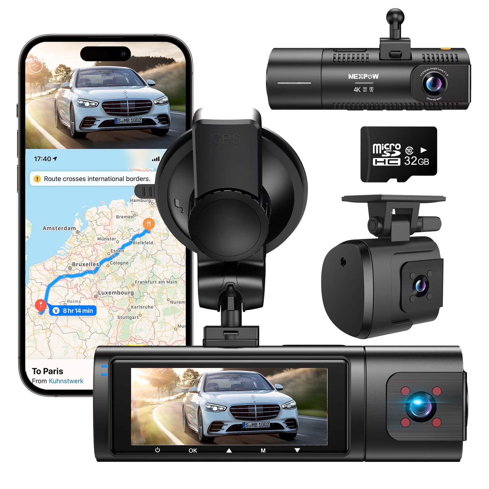 Dash Cam Fr Rear 4K Full HD Dash Camera Built-in WiFi GPS Night Vision, WDR 32GB