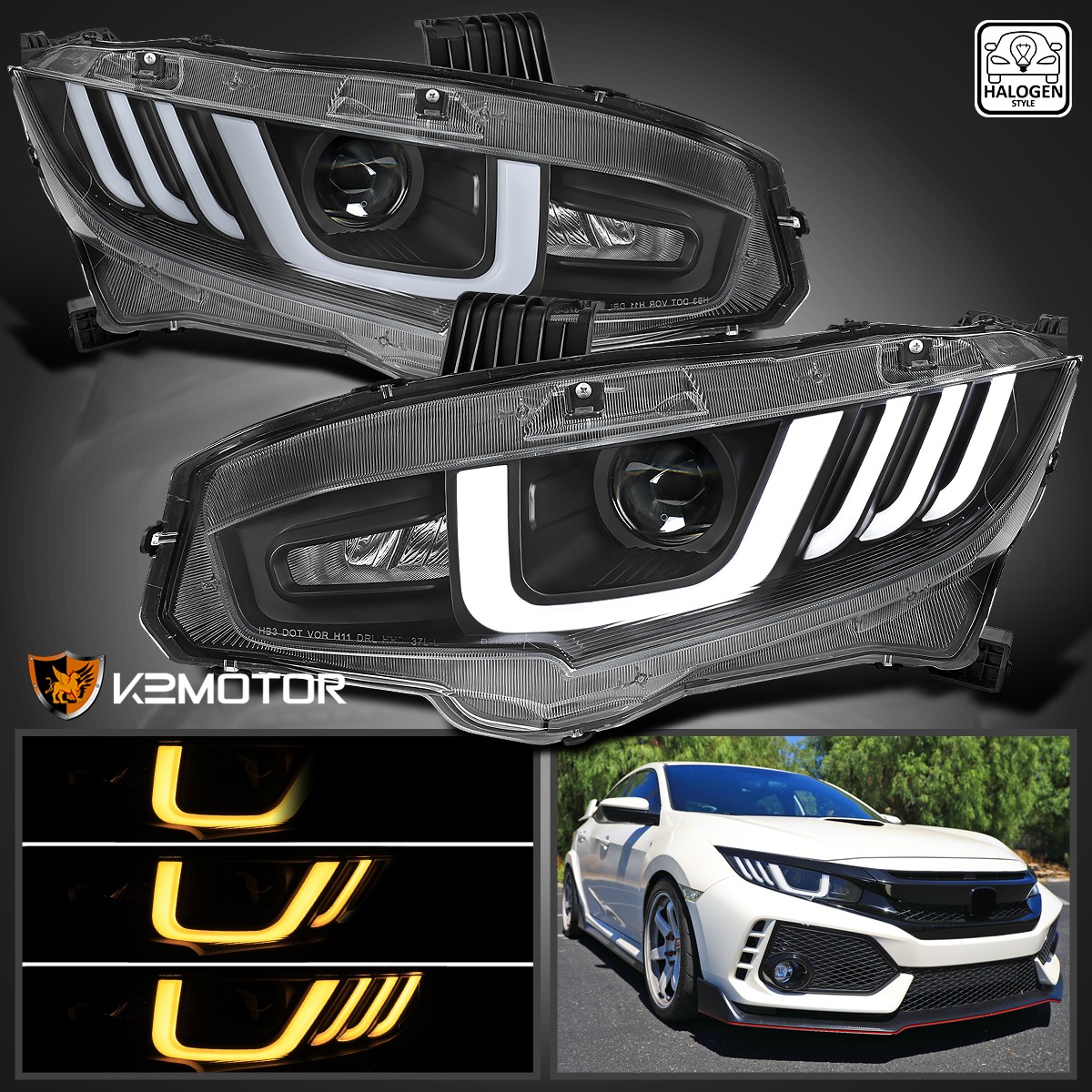 Fits 2016-2021 Honda Civic Black Halogen Projector Headlights Switchback Signal
