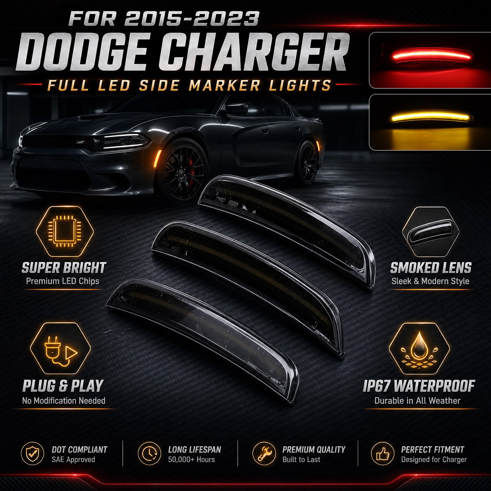 LED Rear Red & Front Amber Bumper Side Marker Lights For 2015-2023 Dodge Charger
