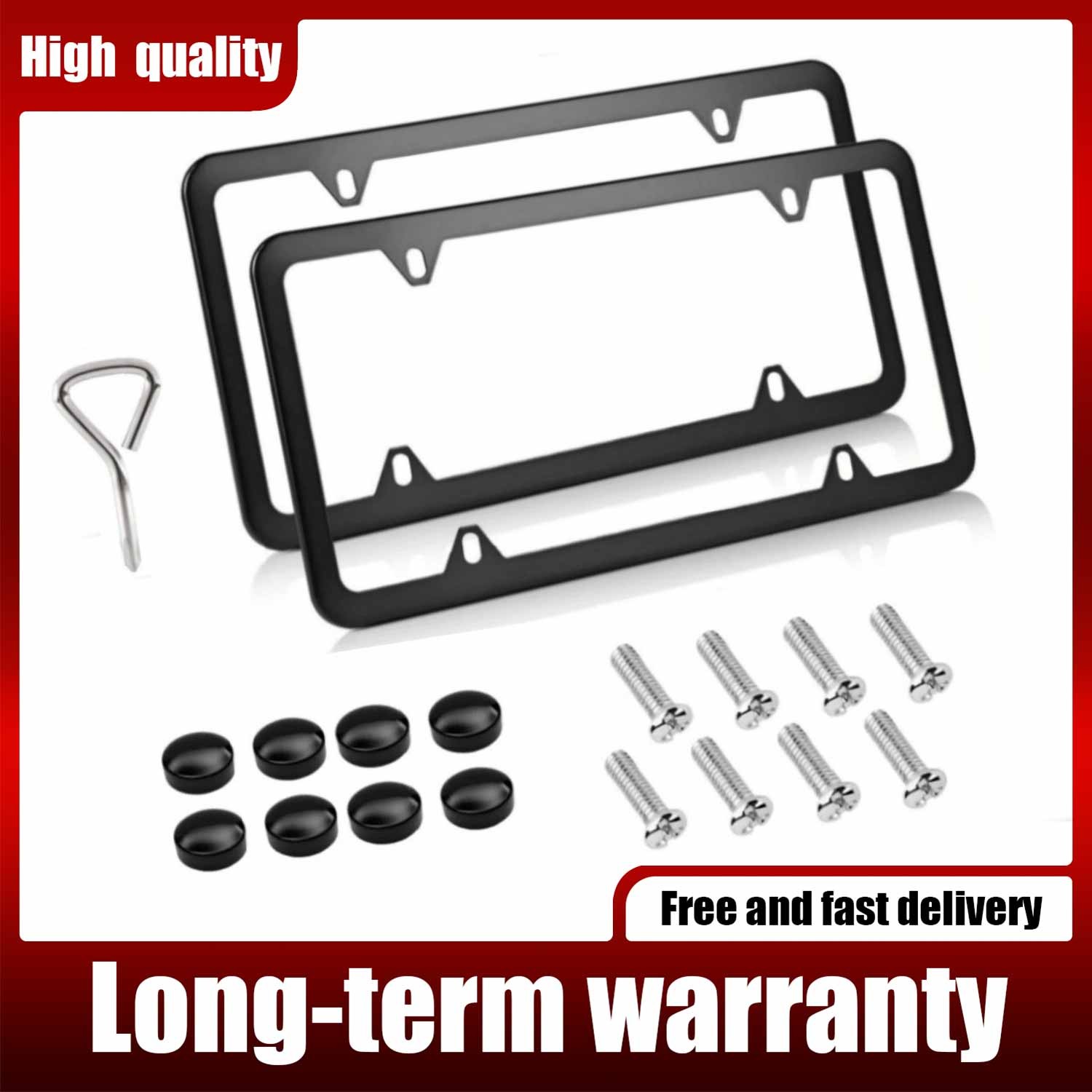 2PCS Black Stainless Steel License Plate Frame Slim Front & Rear Car Tag Cover