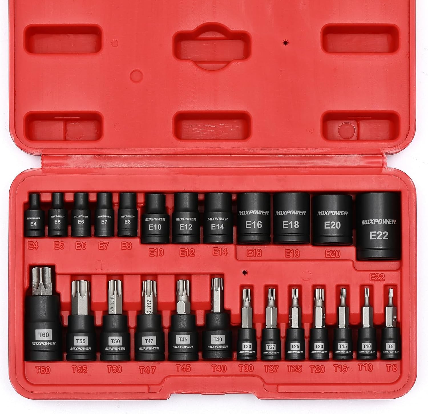 MIXPOWER 25 Piece Torx Bit and Socket Set, 13 Star Bits T8-T60,E4-E22(25PCS)