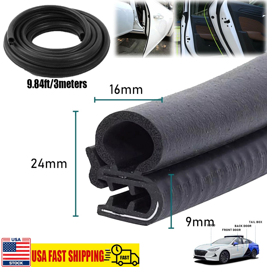 Automotive Door Weather Stripping 10Ft SUV Car Door Rubber Edge Trim Seal Strip