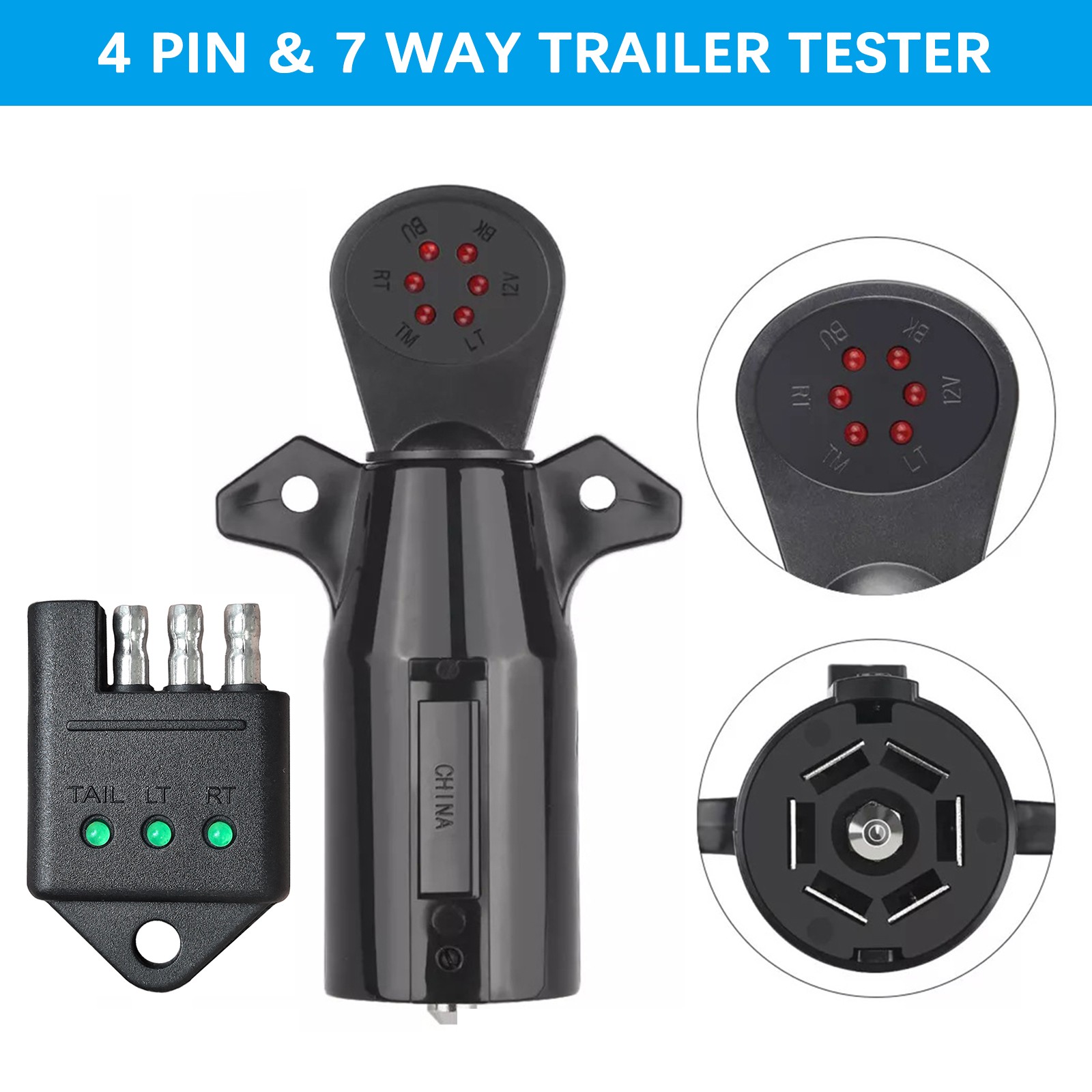 4 Pin Flat 7 Way Round RV Blade Trailer Wiring Tester Light Connector Test Plug