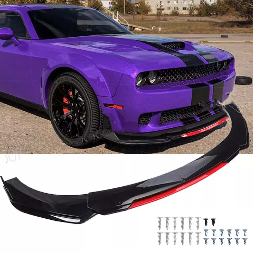 For Dodge Challenger Grossy Black+Red Front Bumper Spoiler Lip Splitter Body Kit