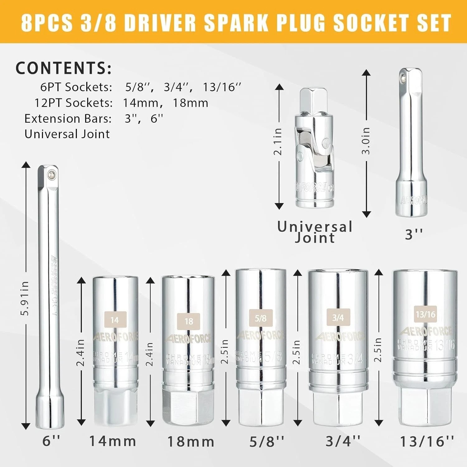 3/8-Inch Drive Spark Plug Socket Set 8PCS – Includes 6 Point Sockets 5/8-inch..,