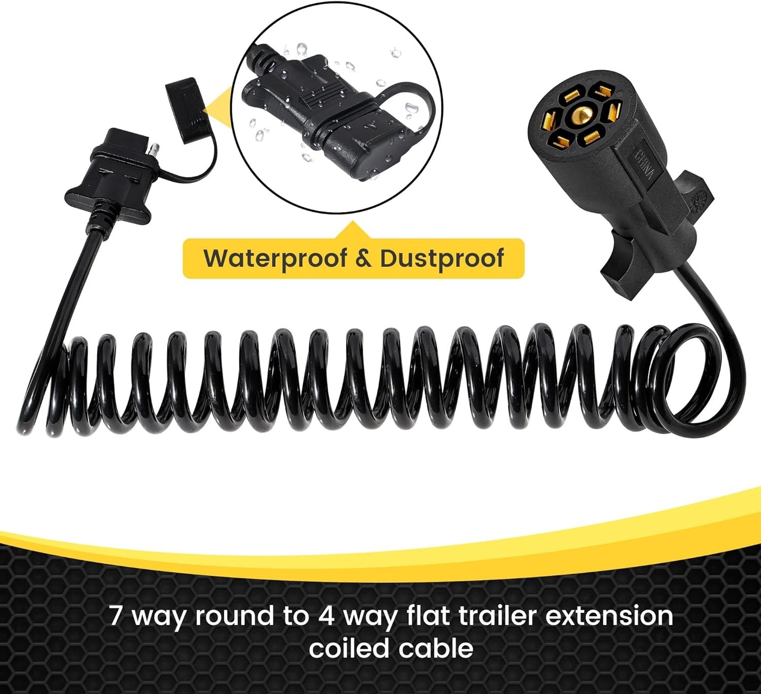 7 Way Round to 5 Way Flat Coiled Trailer Adapter w/ Trailer Clip (6′) UV Coating
