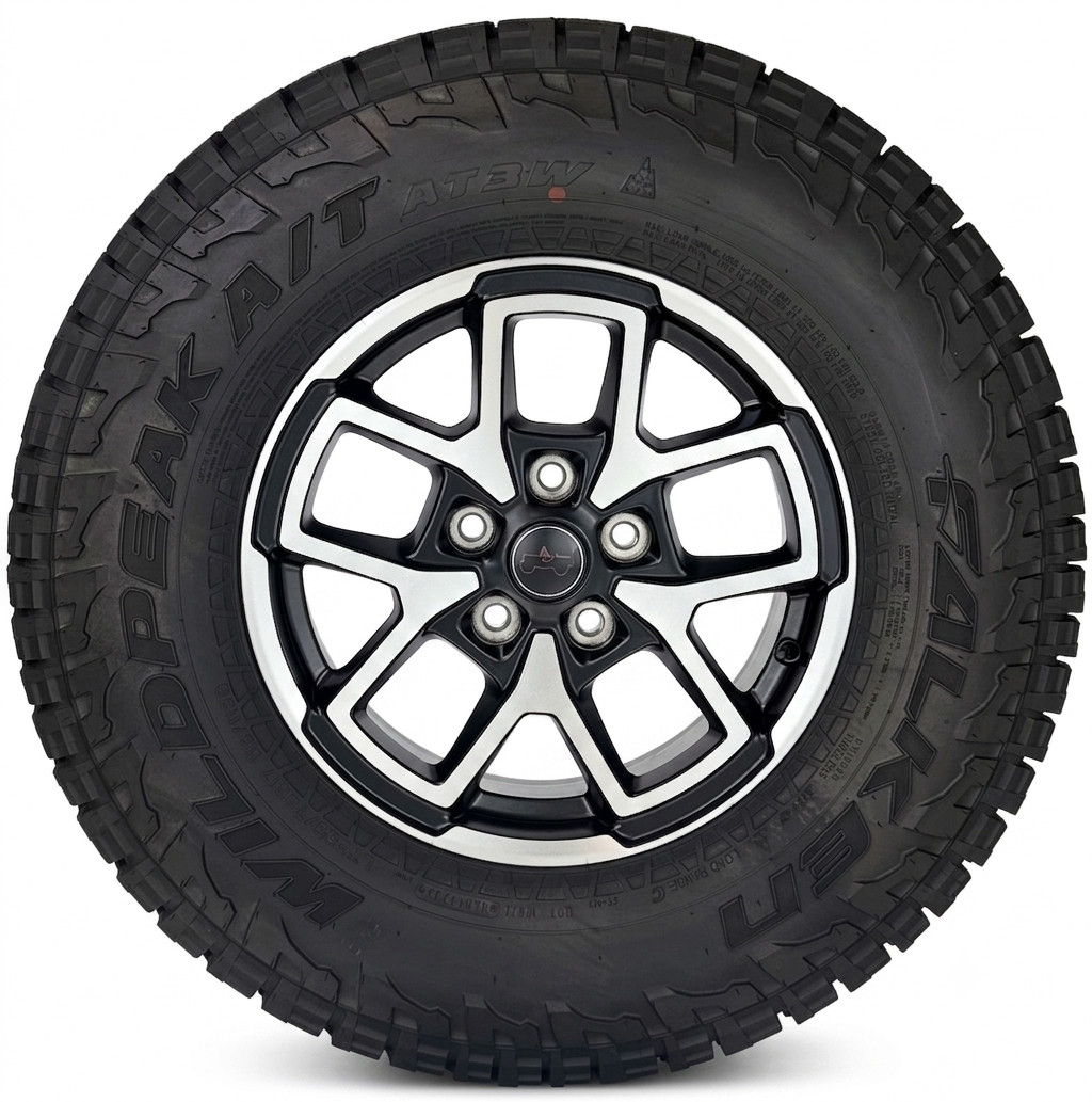 New Takeoff Jeep Wrangler 17″ Black Machine OEM Wheels Falken AT Tires Set Of 5