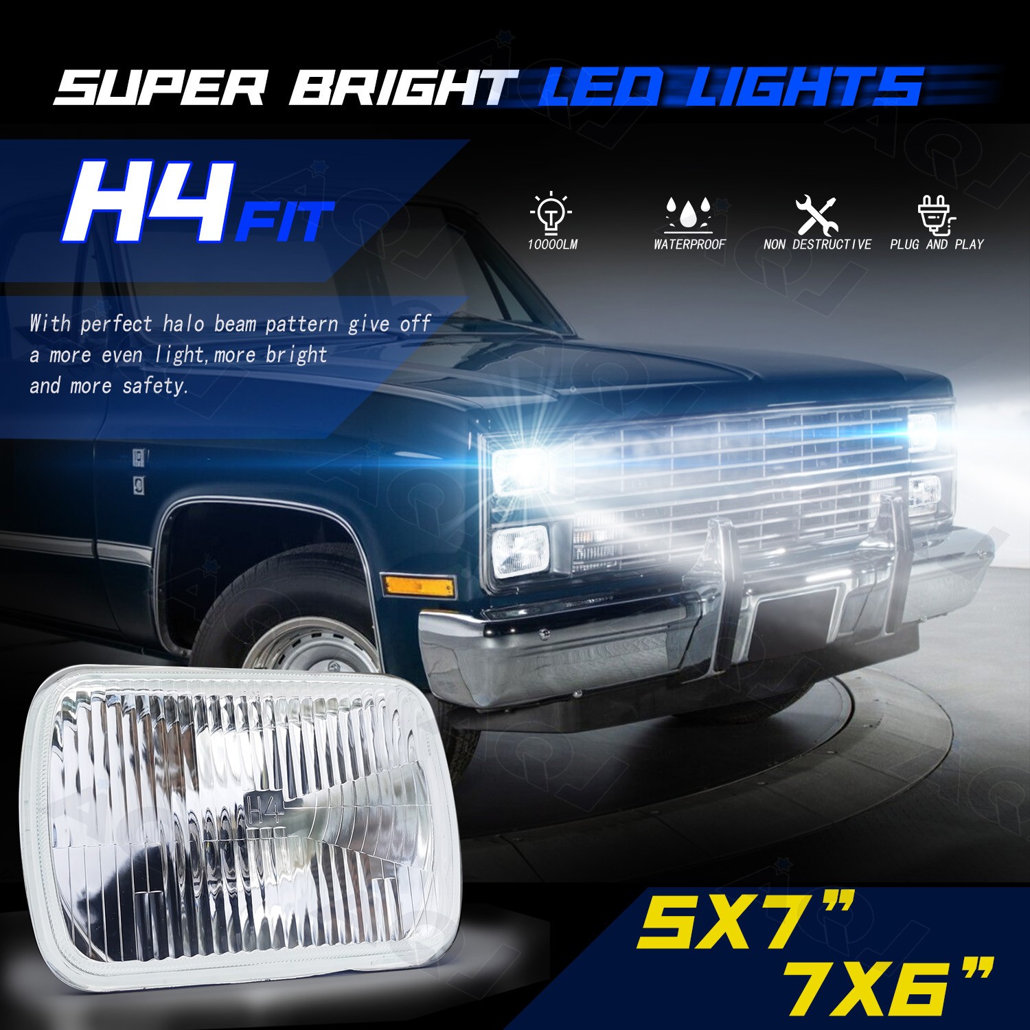 For Dodge W350 1981-1993 Pair 7″x6″ inch LED HeadlightS High/Low Sealed Beam