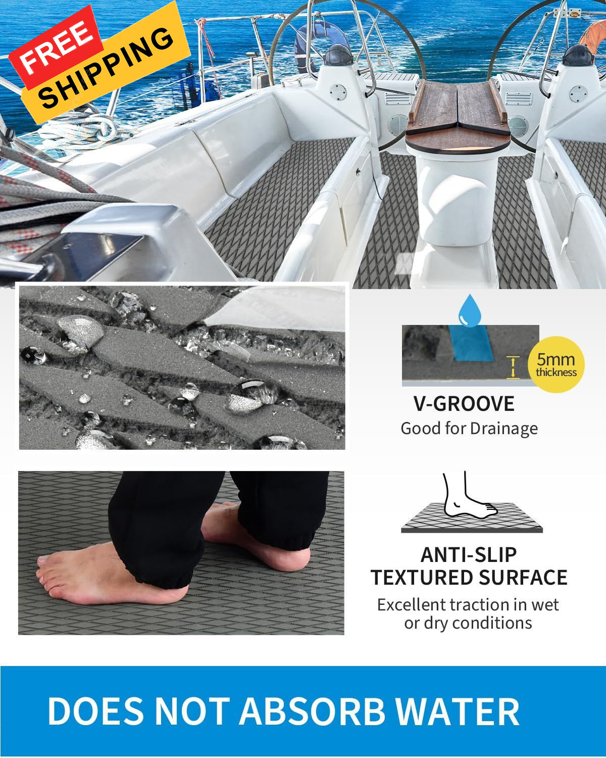 OCEANBROAD Self-Adhesive 48”x16” Boat Flooring Non-Slip 48”L x 16”W, Gray