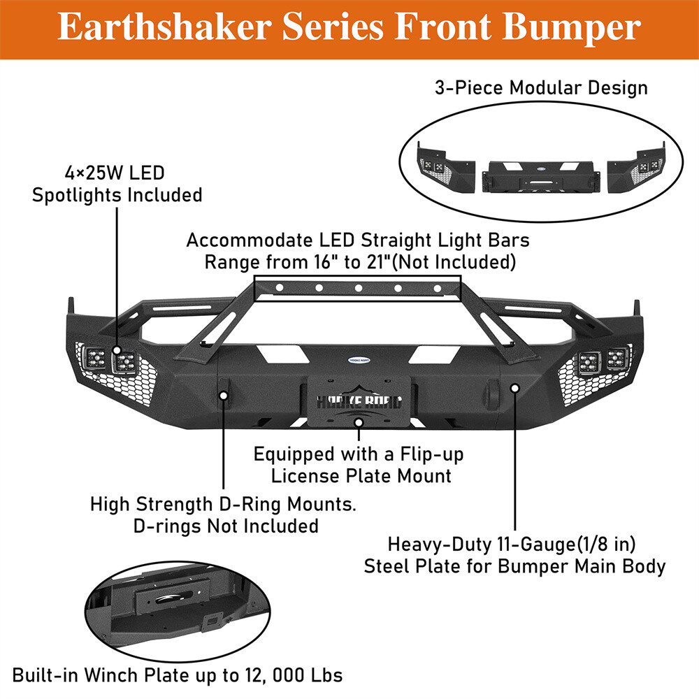 Off-Road Front Bumper w/Winch Plate & 4x LED Lights For 2009-2012 Dodge Ram 1500