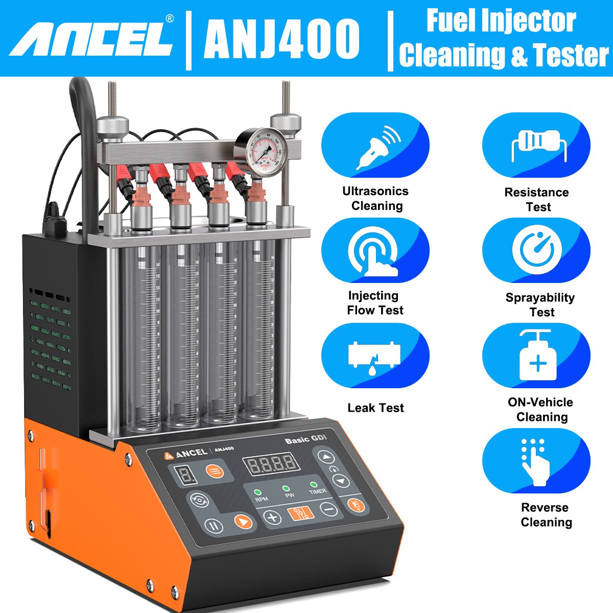ANCEL ANJ400 GDI Petrol Fuel Injector Cleaner Tester Machine Ultrasonic Cleaning
