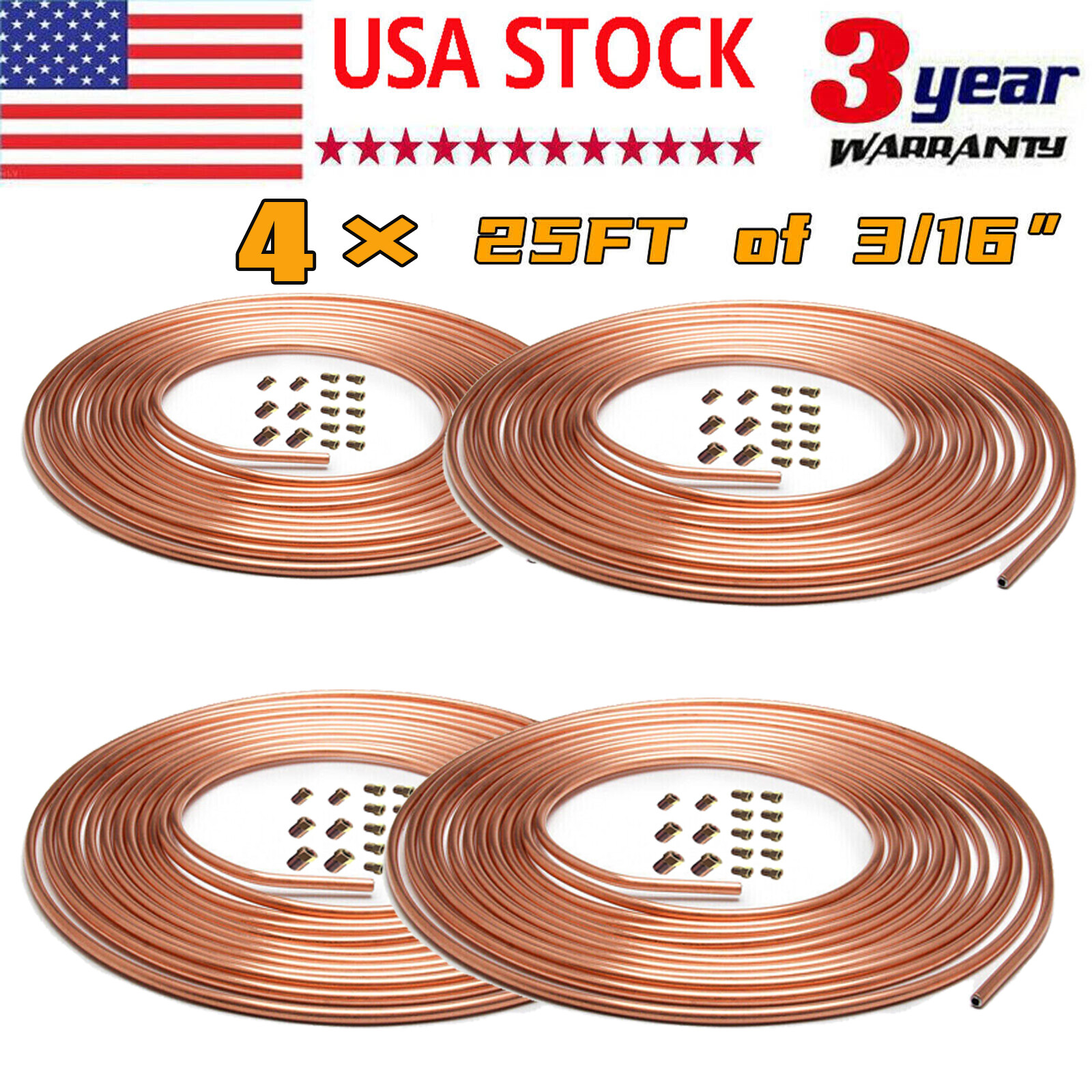 4 x Copper Nickel Brake Line Tubing Kit 3/16 OD 25 FT Coil Roll All Size Fitting