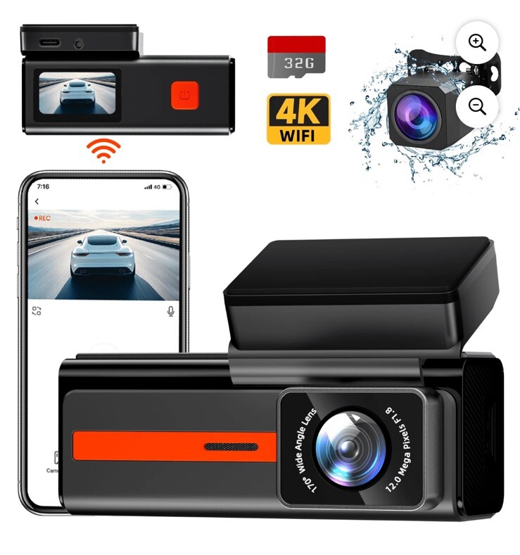 NIB FFN 4K+1080P Dash Cam Front & Rear Built In WiFi App Control 24H Night Visio