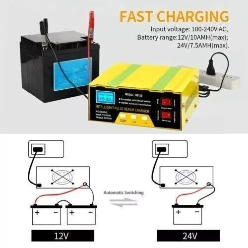 Car Battery Charger Heavy Duty 12V/ 24V Smart Automatic Intelligent Pulse Repair