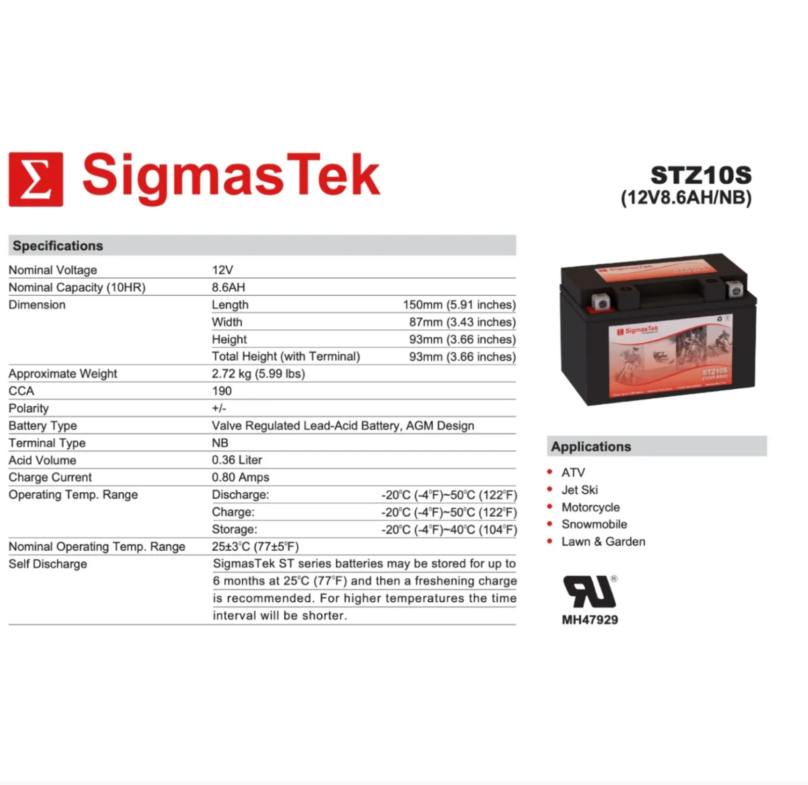 SigmasTek STZ10S Battery Replacement for Honda CBR600F4i, 600RR 600CC 2001-2016