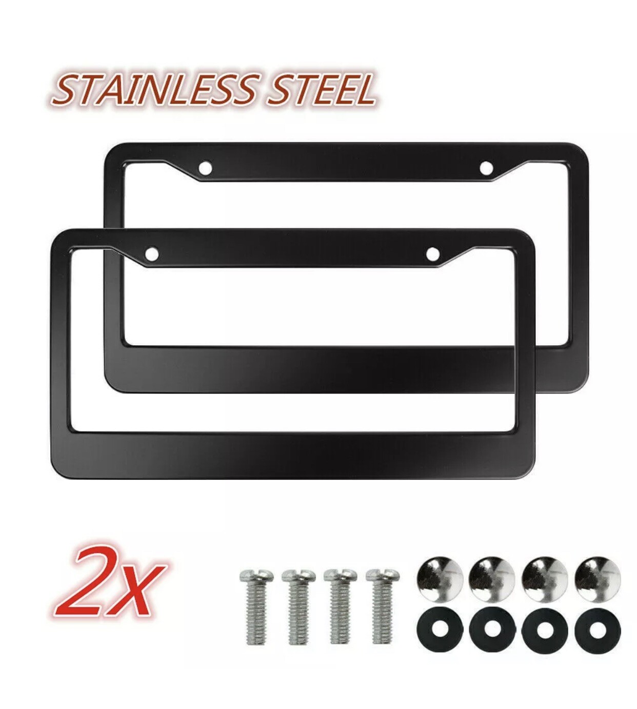2Pcs Black Metal License Plate Frame Tag Cover Screw Caps Stainless Steel New
