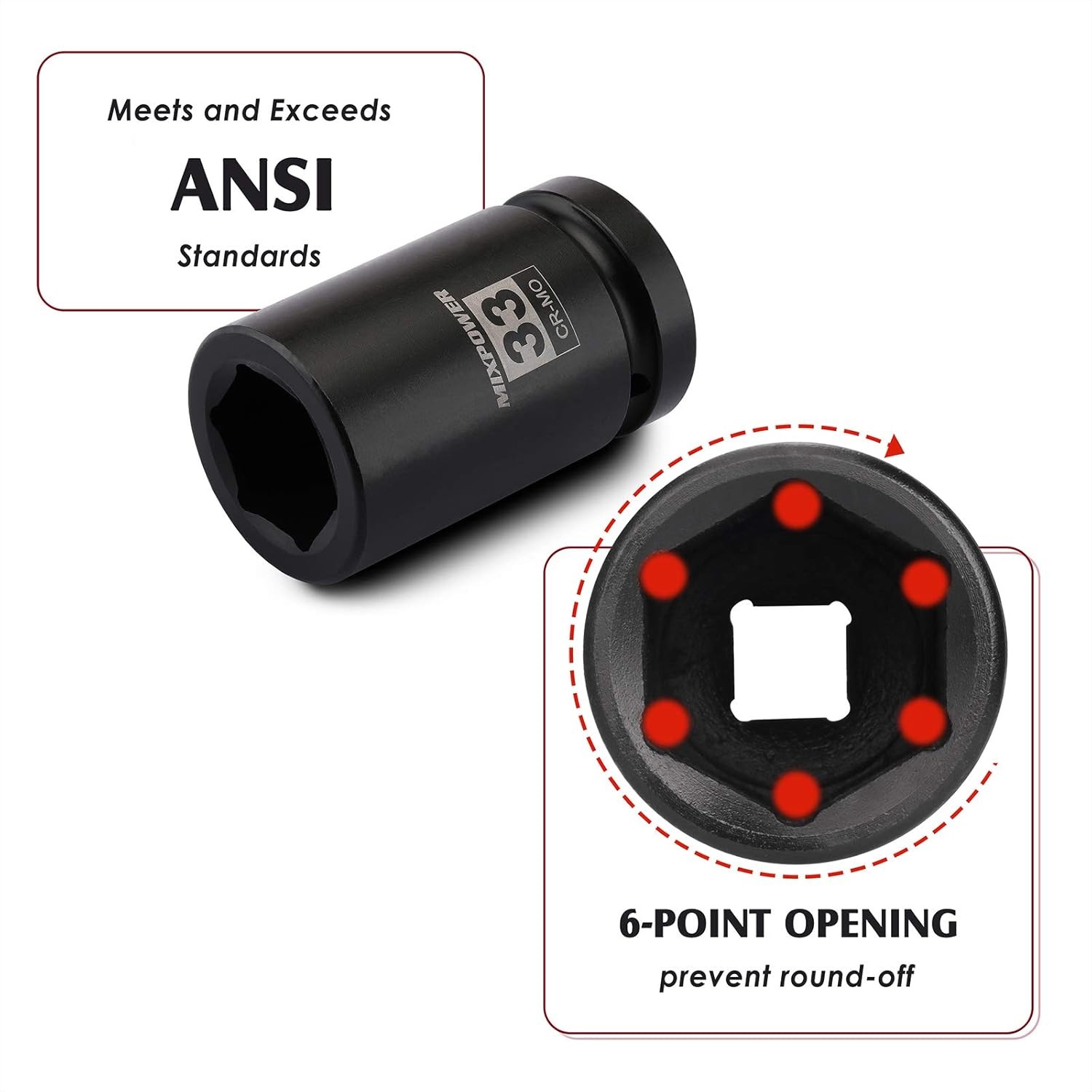 MIXPOWER 1 Inch Drive Deep Impact Socket, CR-MO, 33mm, 6 Point, Radius 33mm