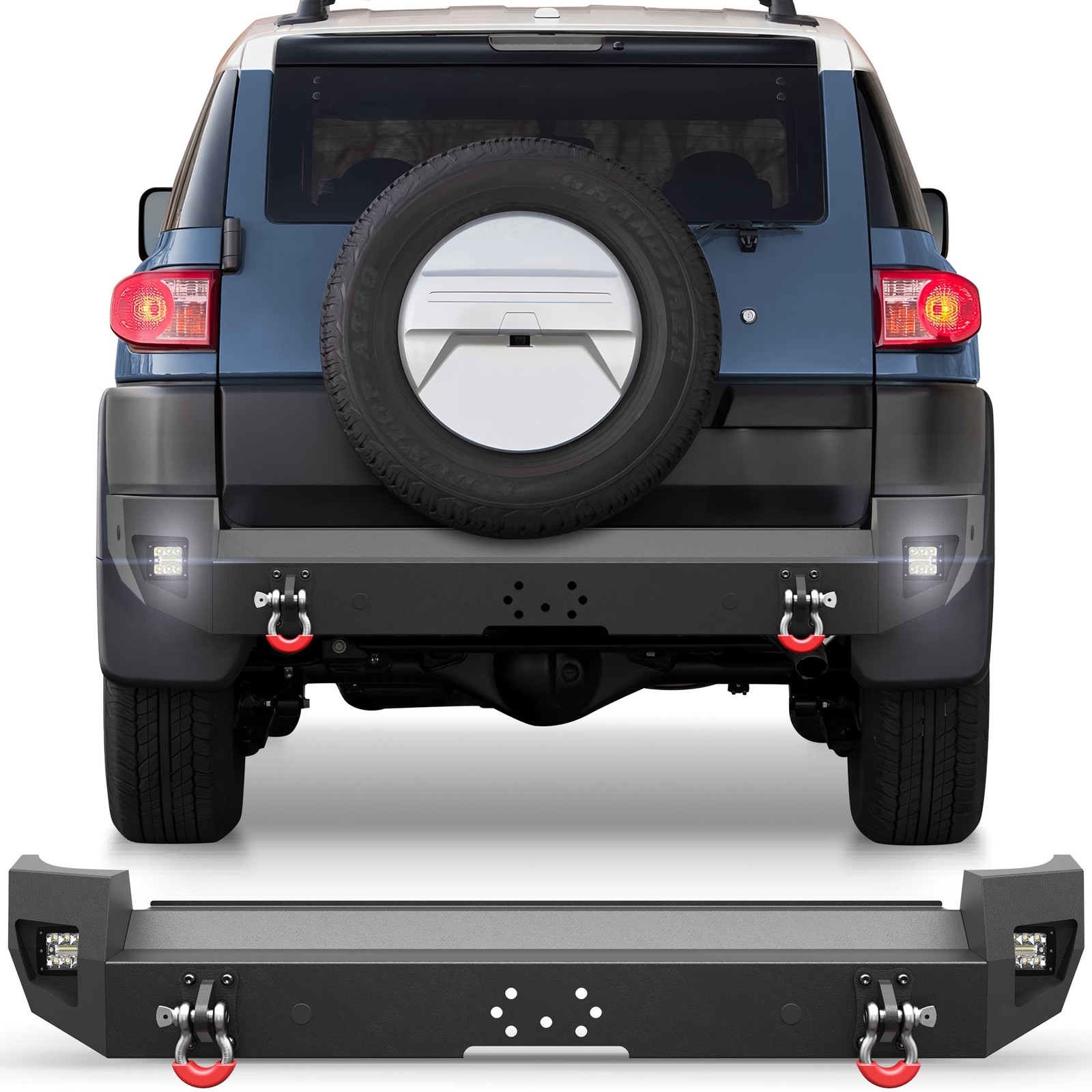 For 2007-2014 Toyota FJ Cruiser Powder Coated Rear Bumper w/LED Lights+D-rings
