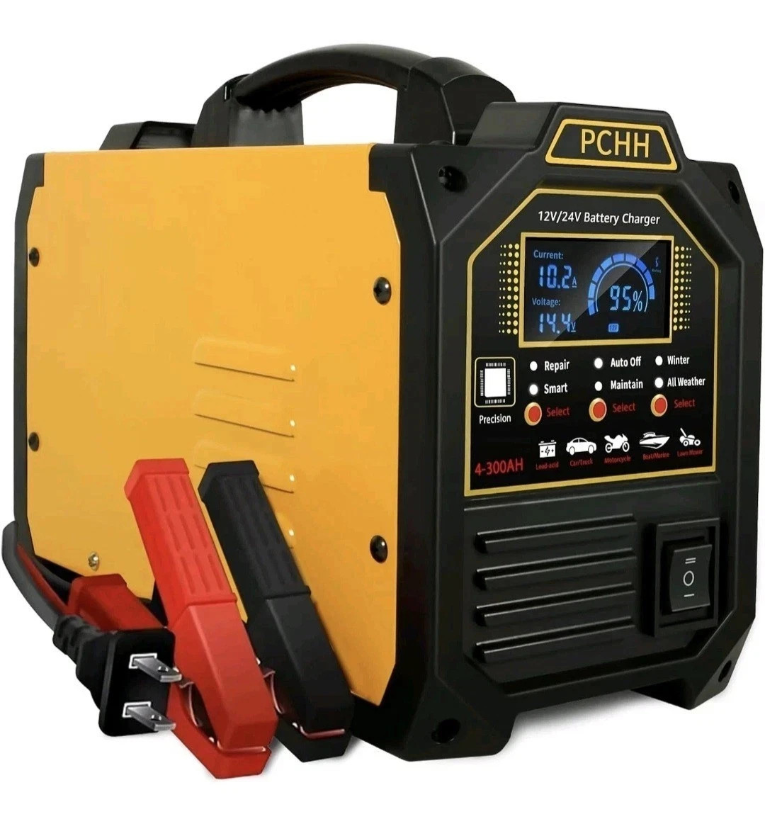 12V 24V Car Battery Charger Heavy Duty, 0-15A Automatic Orange & Black
