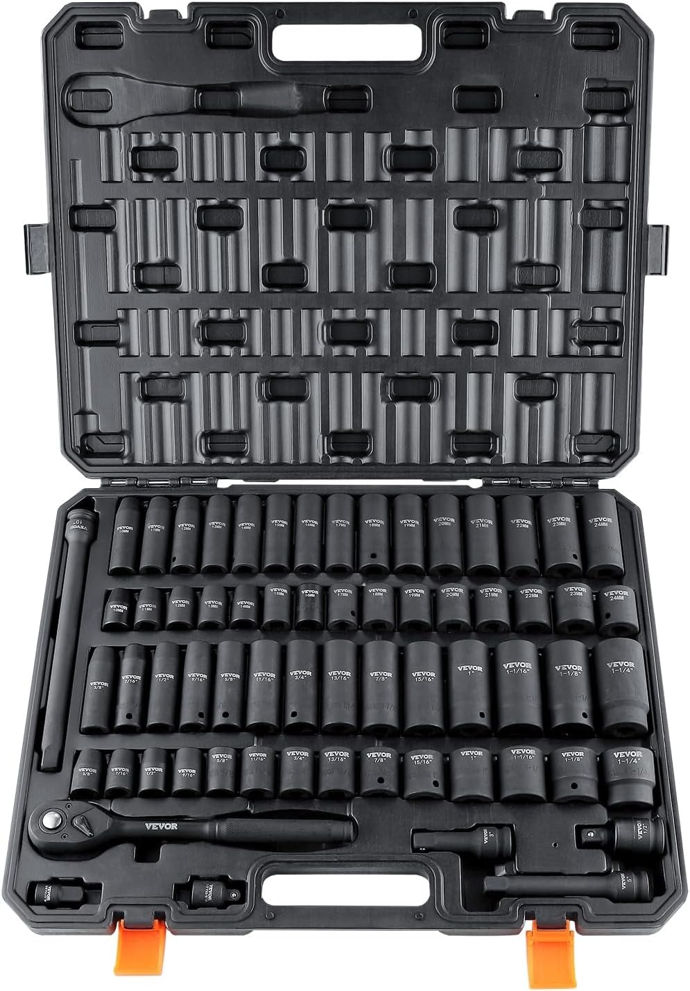 VEVOR 65pc 1/2″ Impact Socket Set SAE & Metric 6pt Cr-V Steel w/ Case Auto