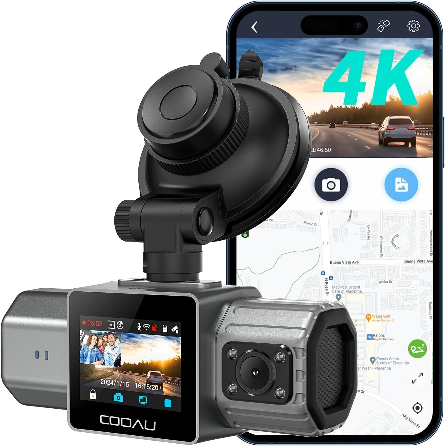 COOAU 4K Built in GPS Dual Dash Cam Front and Inside WiFi Dash Camera for Cars