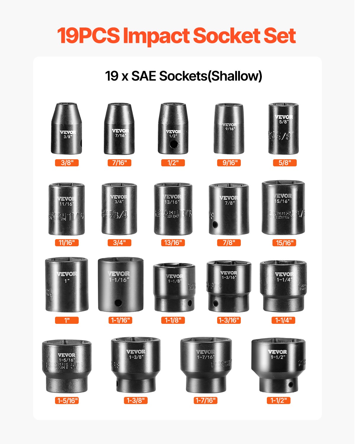 Impact Socket Set 1/2 Inches 19 PCS, 3/8” to 1-1/2” SAE 6-Point Hex Sockets