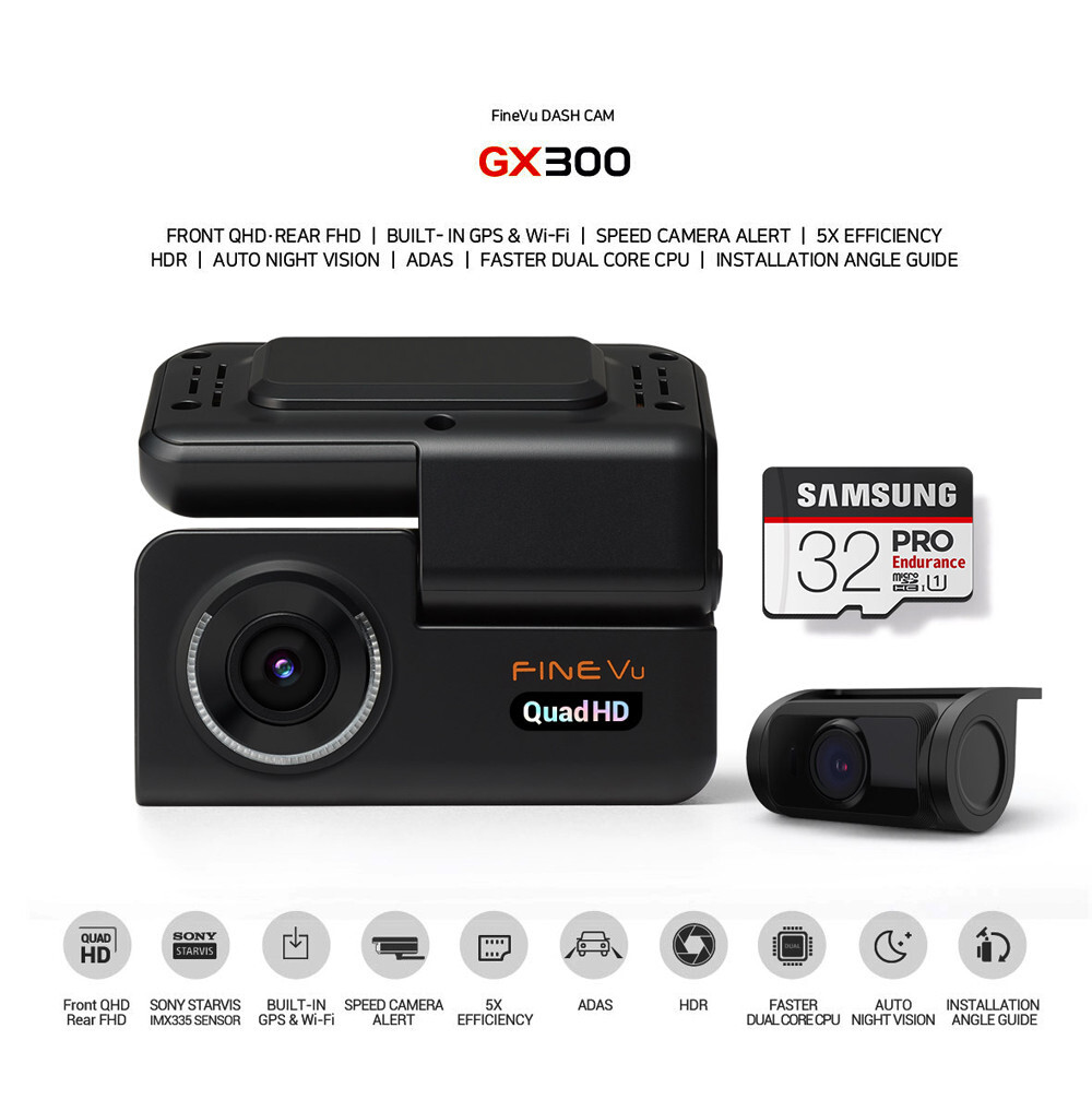 FineVu GX300 2K Dual Dash Cam GPS & WiFi built-in | 32 GB SD Card