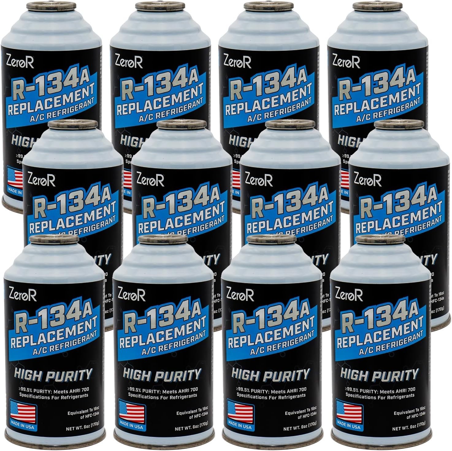 ZeroR® High Purity for AC Recharging R 134a Refrigerant Replacement Cans 12 Cans