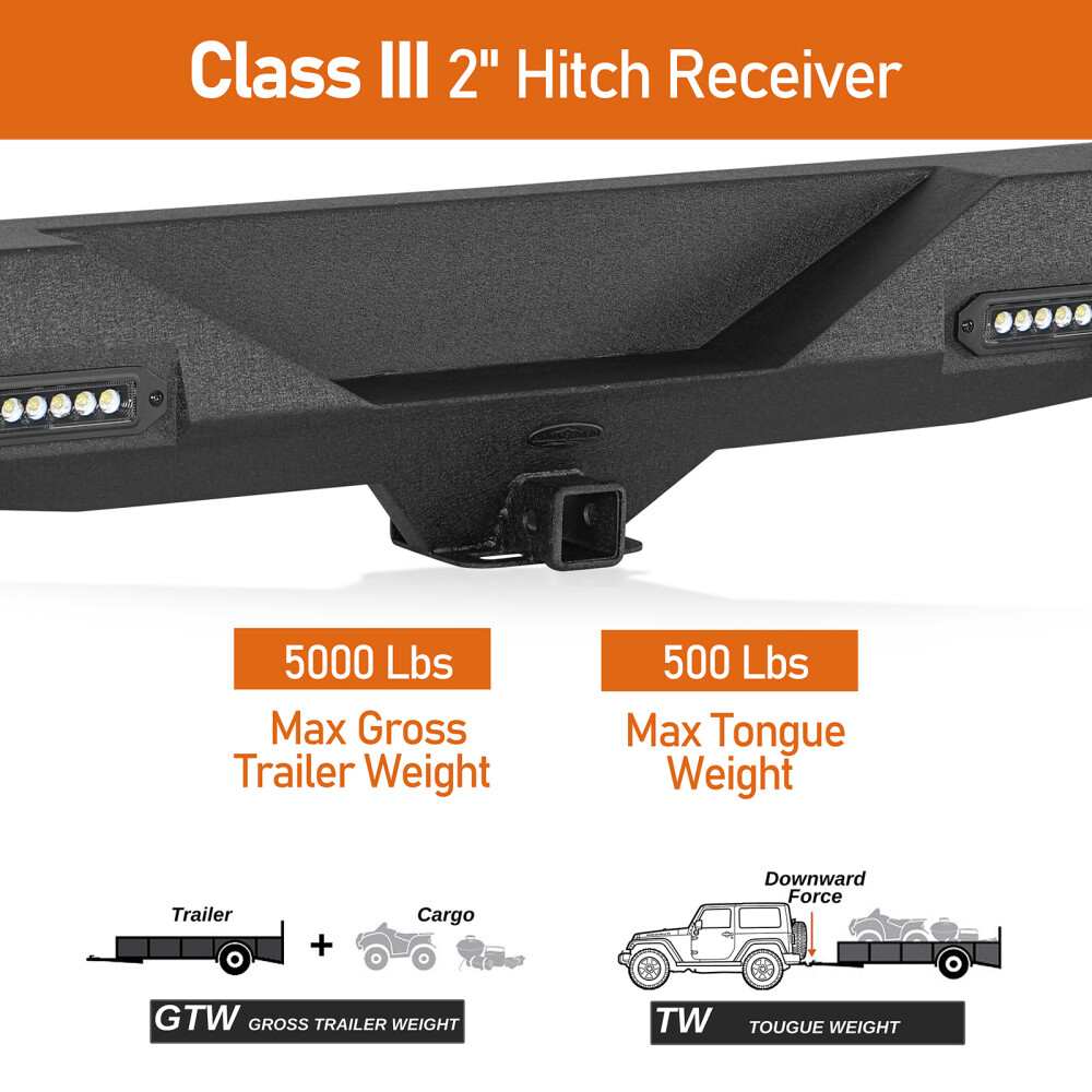 Rear Bumper w/ Receiver Hitch & LED Light & D Ring Fit 07-18 Jeep JK Wrangler JK