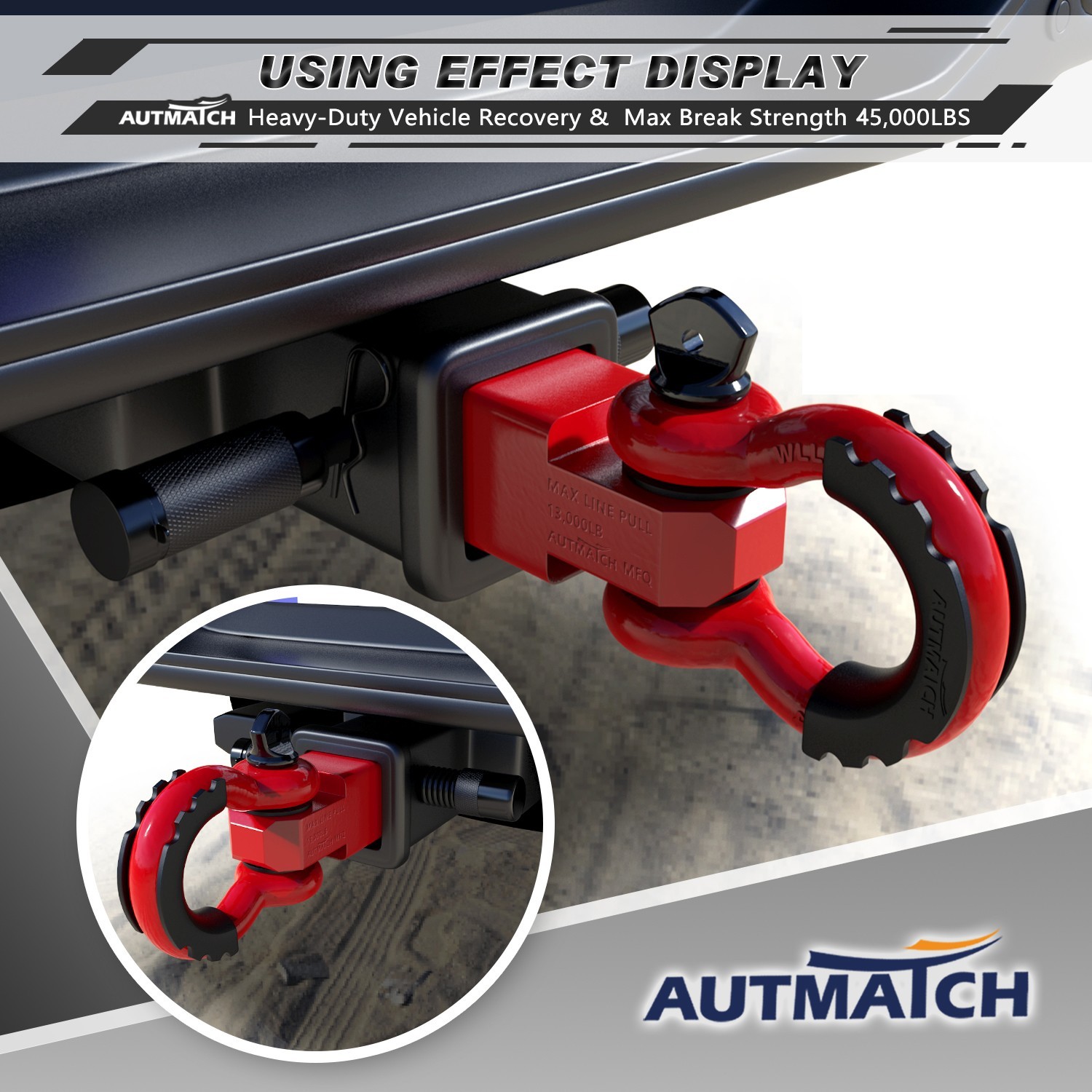 AUTMATCH 2″ Shackle Hitch Receiver & D Ring Shackle Off-Road Recovery, Red