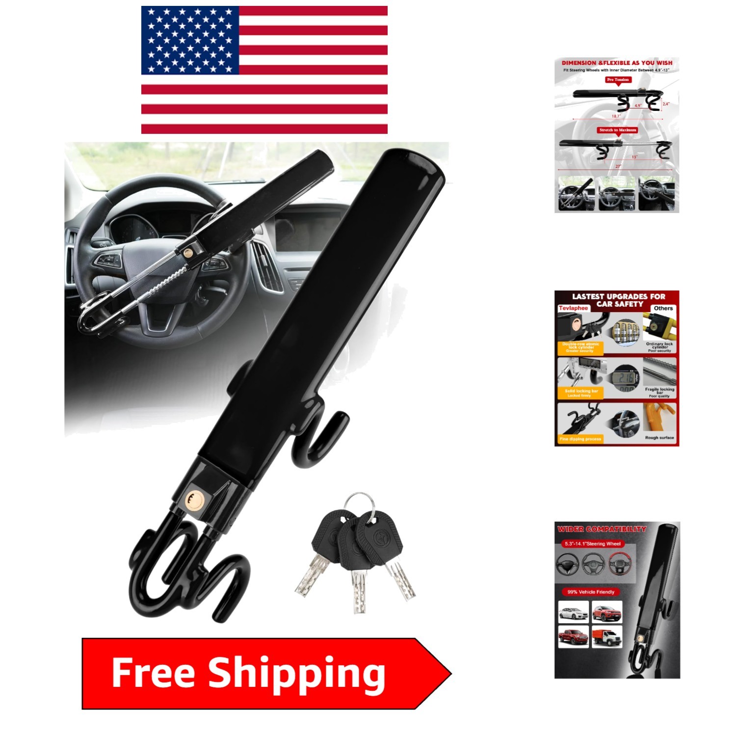 Alloy Steel Steering Wheel Lock with Double Protection – 3 Key Anti-Theft System