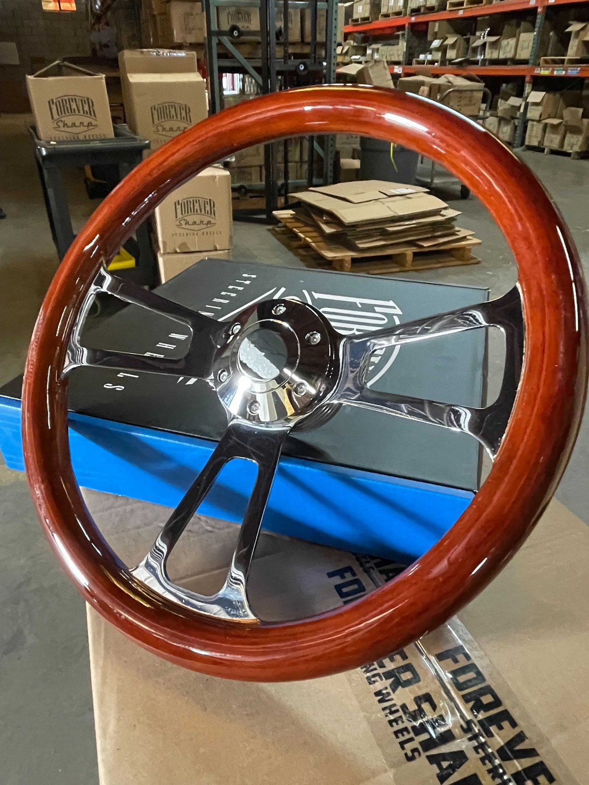 15 Inch Chrome Aftermarket Steering with Dark Wood Mahogany Grip 3-Spoke
