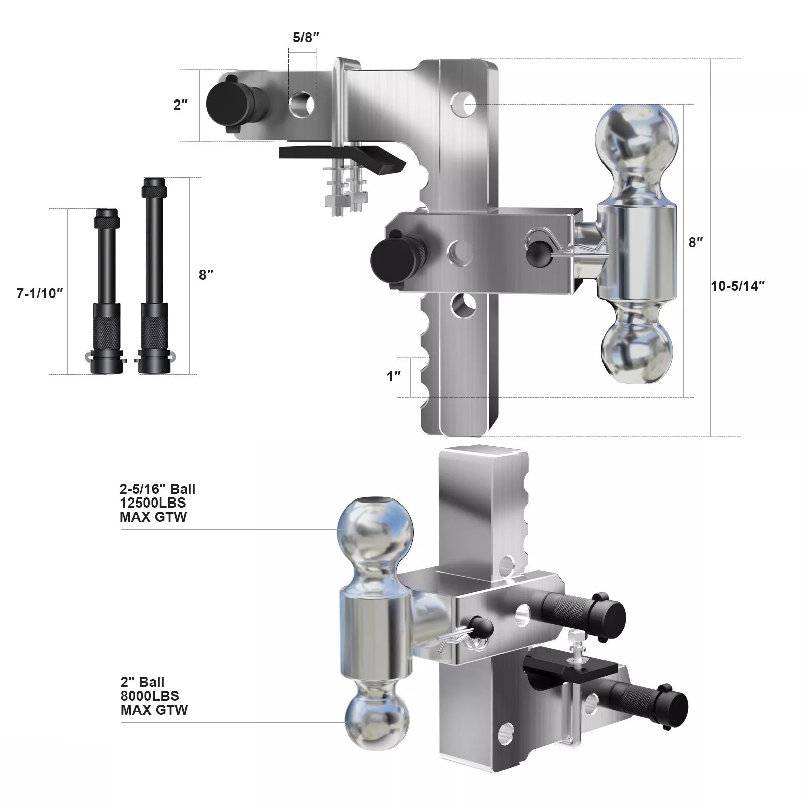 2″ Receiver Adjustable Drop Hitch 8″ Drop / Rise Trailer Hitches Towing 12500 lb