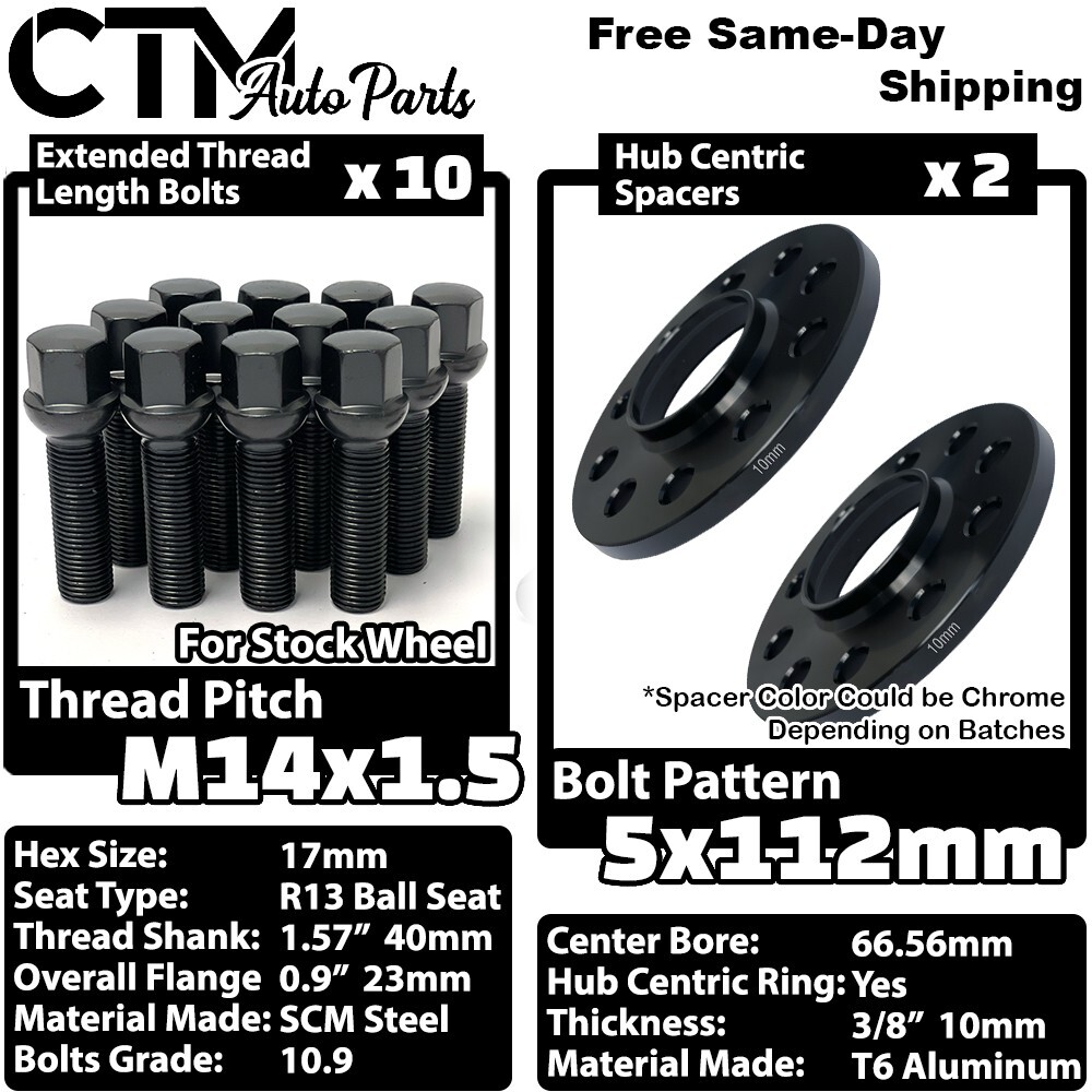 2x 10mm Thick 5×112 66.56mm CB Wheel Spacer Black Bolt Audi & Macan Stock Wheels