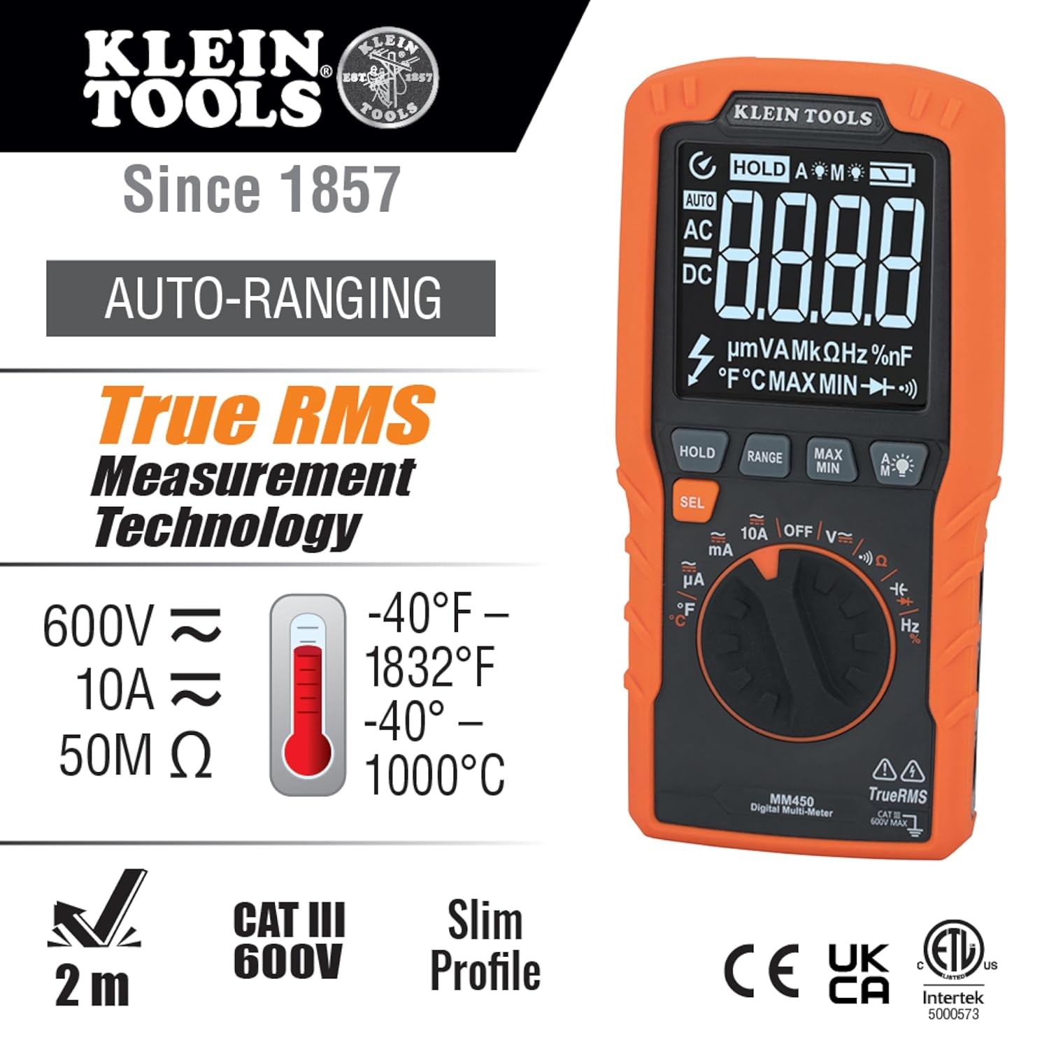 MM450 Slim Digital Multimeter Reverse Contrast Display with Lead Alert
