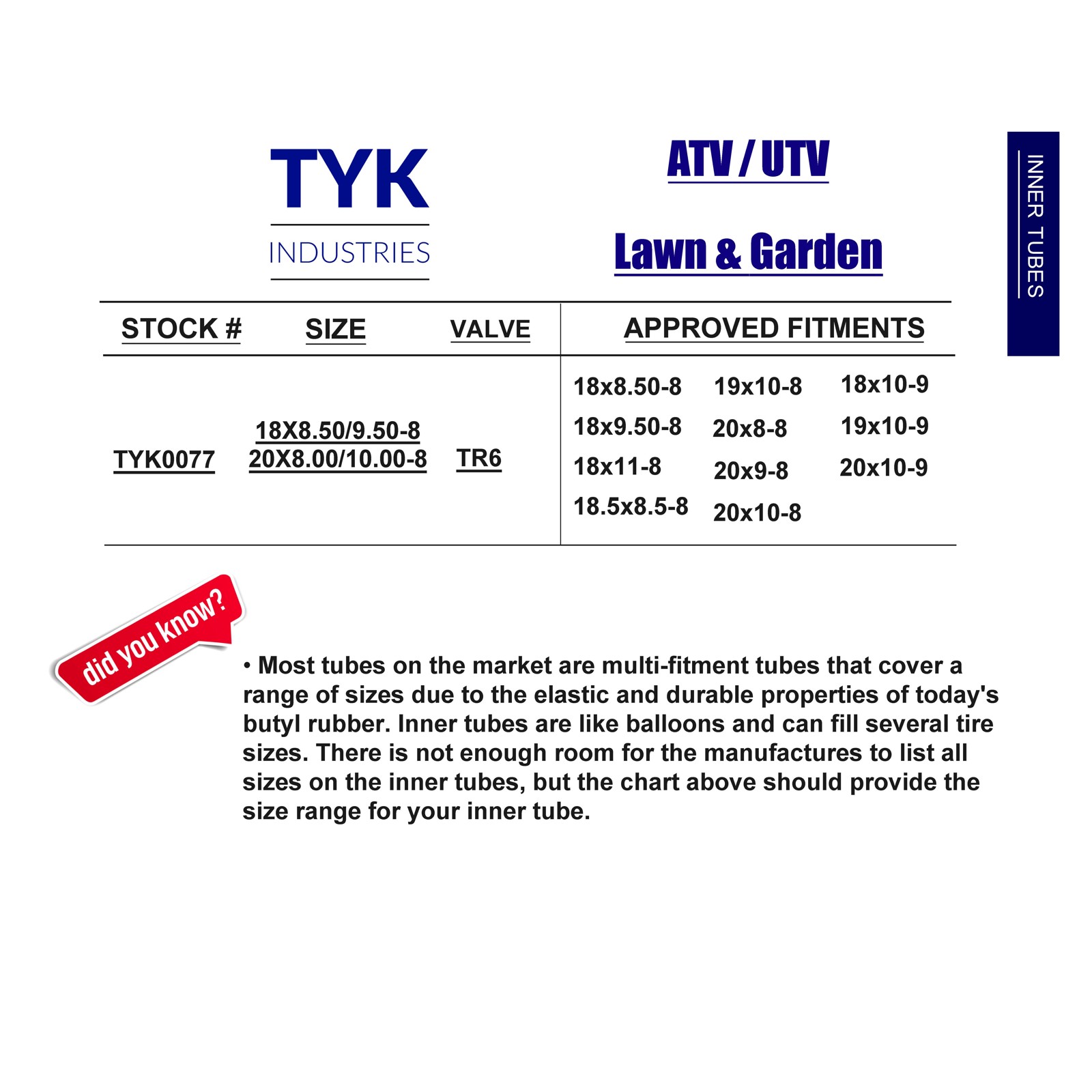 Pair of 2 TYK 20×10.00-9 20×10-9 ATV Tire Inner Tubes with Metal TR6 Valve Stems