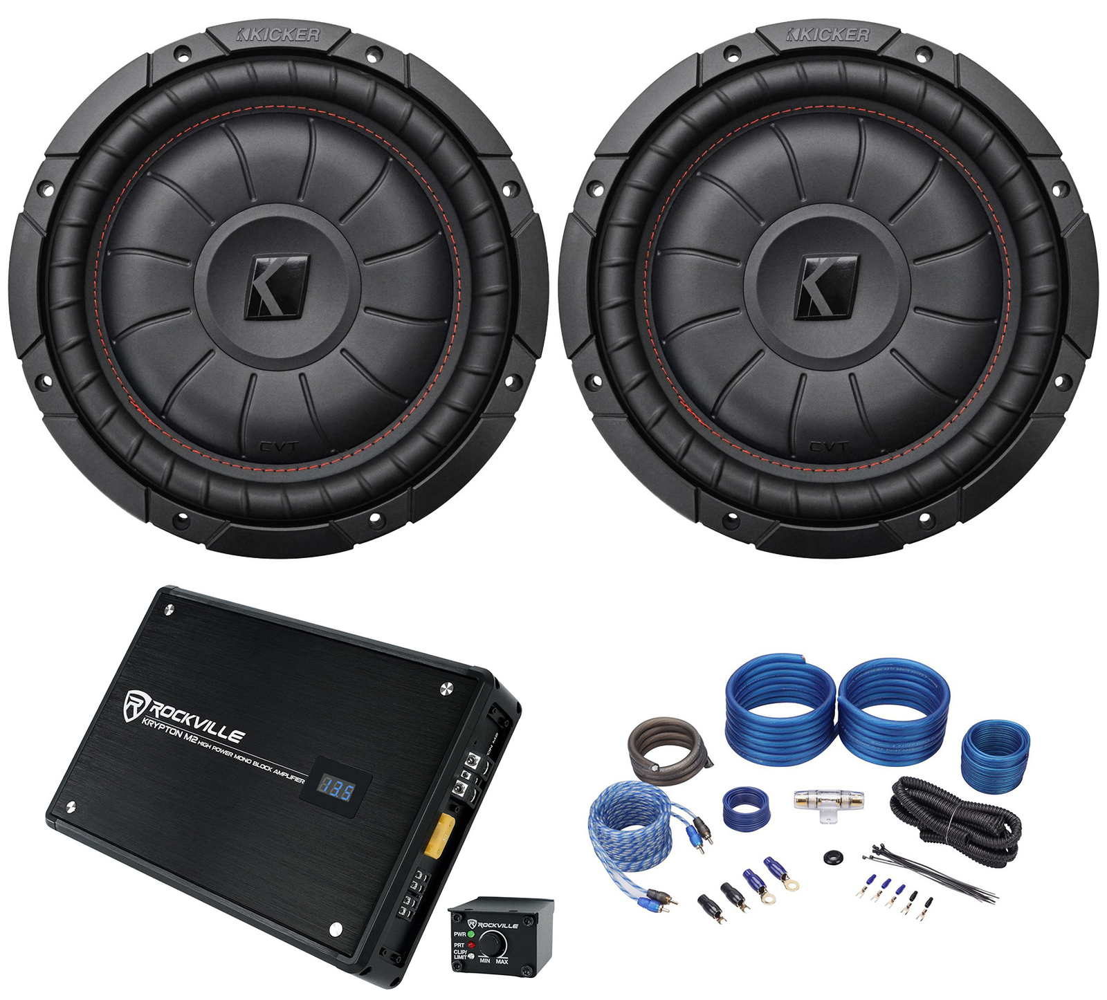 2 Kicker 43CVT102 COMPVT 10″ 1600w Shallow Car Subwoofers+Mono Amplifier+Amp Kit