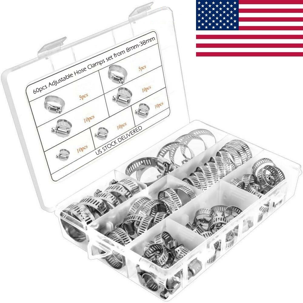 60PCS Adjustable Hose Clamps Worm Gear Stainless Steel Clamp Assortment 7 Sizes