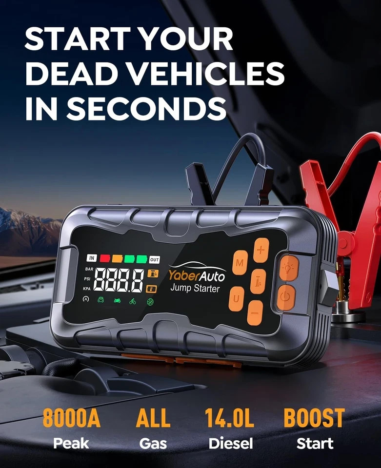 YaberAuto 16-in-1 Jump Starter with Air Compressor 8000A 160PSI Car Battery…