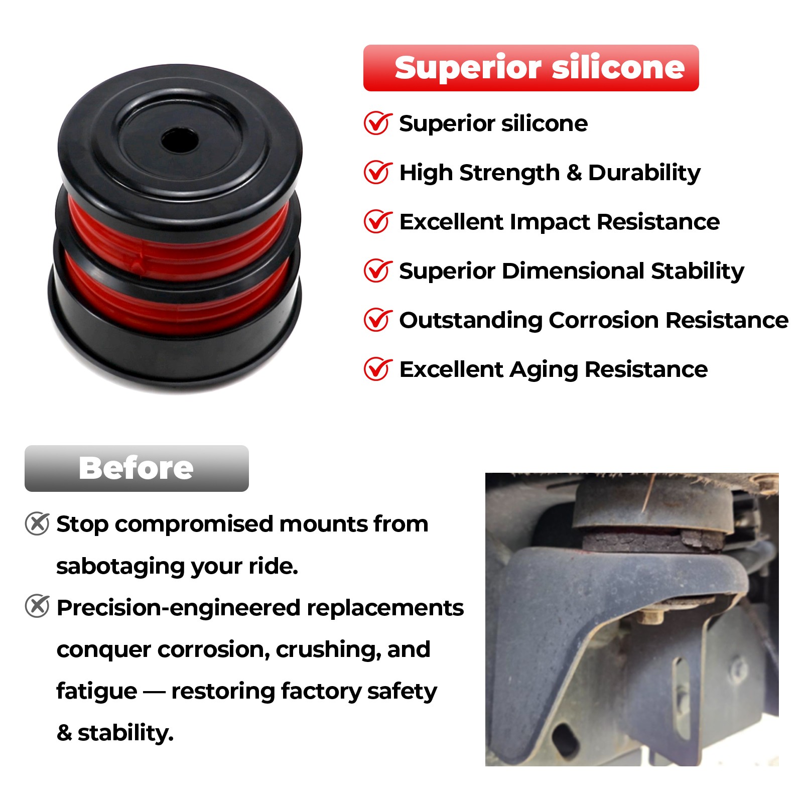 Silicone Body Mount Bushings & 13848 Bolt Kit for 08-16 Ford F250/350 Super Duty