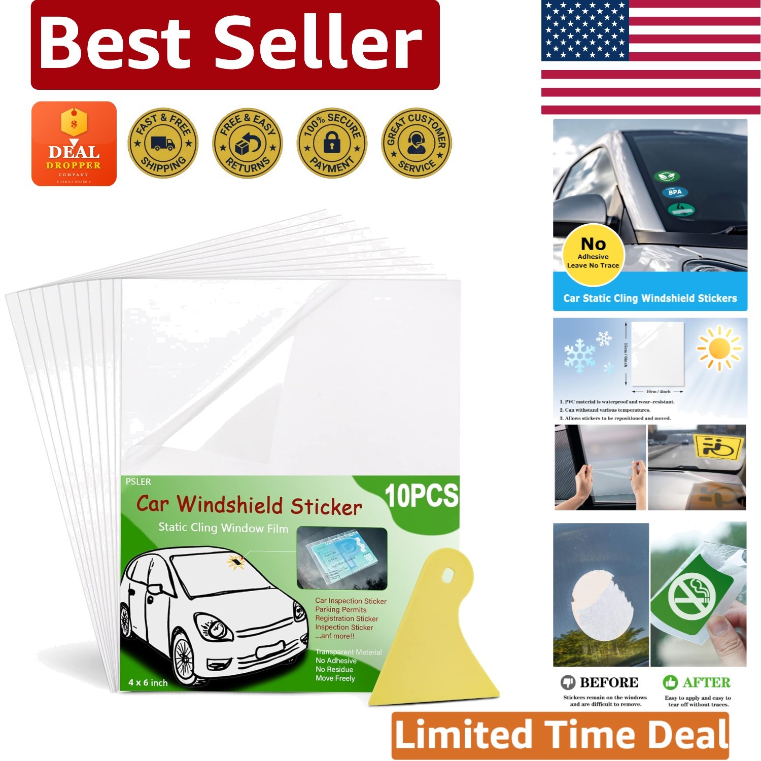 Static Cling Car Windshield Film – 10-Pack 4×6 Inch, Easy Removal & Apply