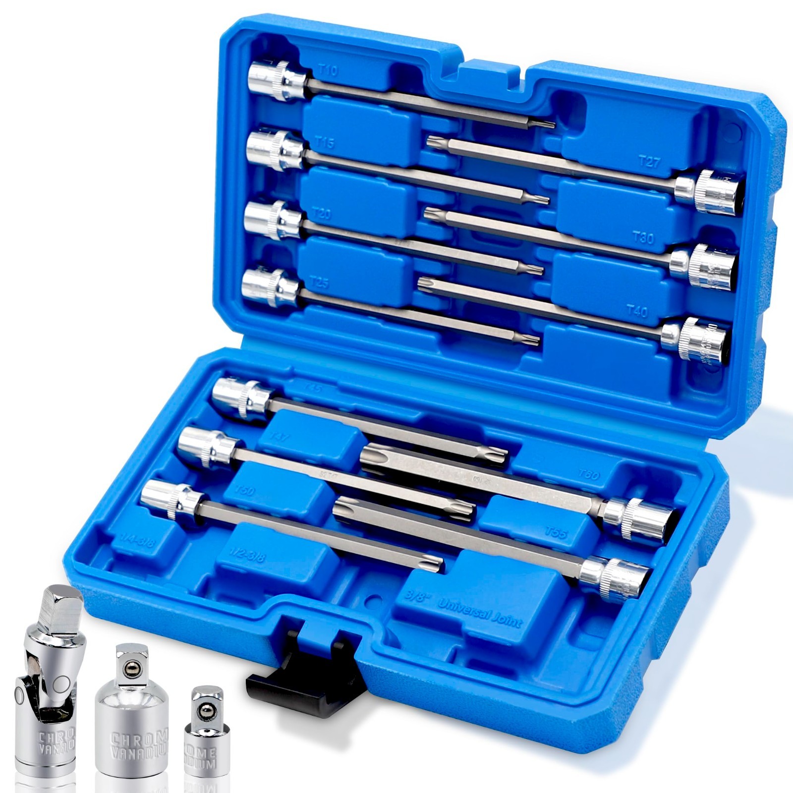 15-Piece Extra Long Torx Bit Socket Set T10-T60 | 3/8″ Drive Star Bit Sockets CR
