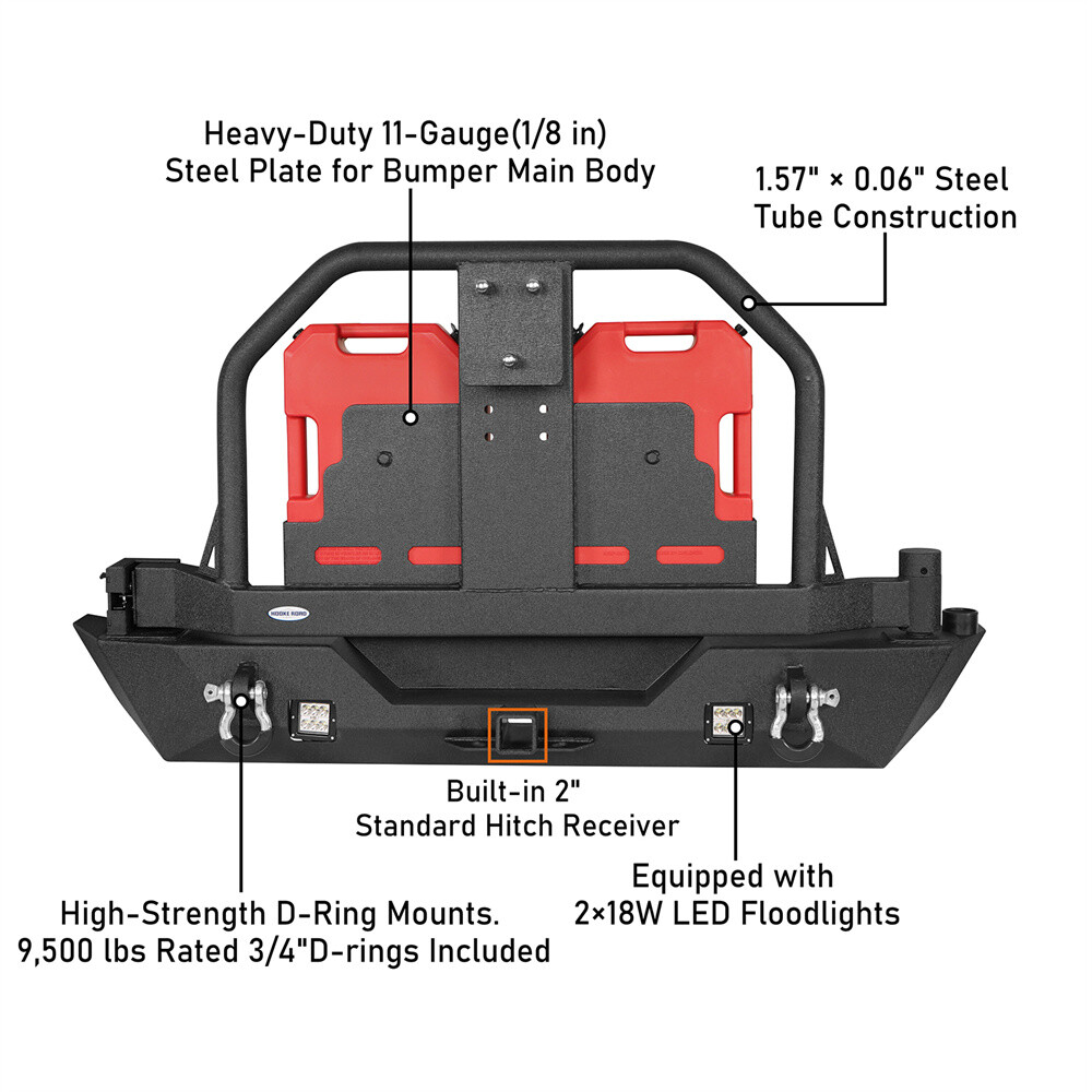 Hooke Road Fit 07-18 Jeep Wrangler JK Rear Bumper w/ Tire Carrier Light Tow Hook